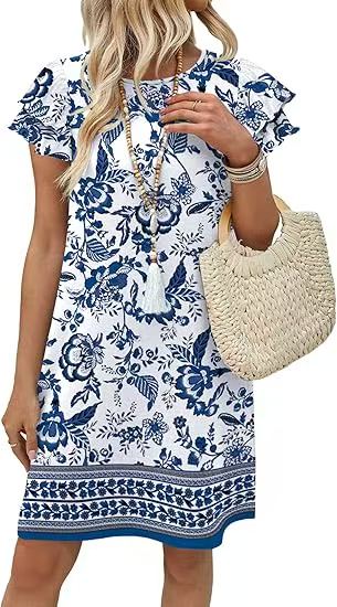 OFEEFAN Womens Summer Dresses 2026 Ruffle Sleeve Round Neck Loose Swing Sundresses with Pockets Plain/Print